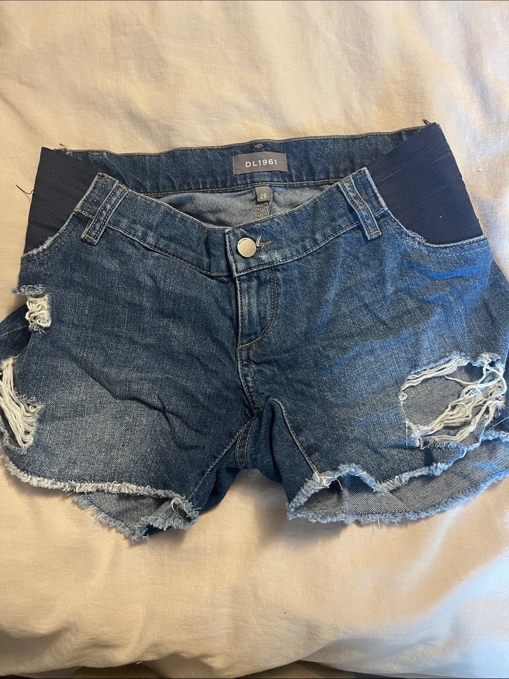 DL1961 Women's Maternity Distressed Jean Shorts in Medium Blue